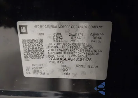 2019 Chevrolet Equinox Ls z USA, uszkodzony, nr VIN 2GNAXSEV8K6187425